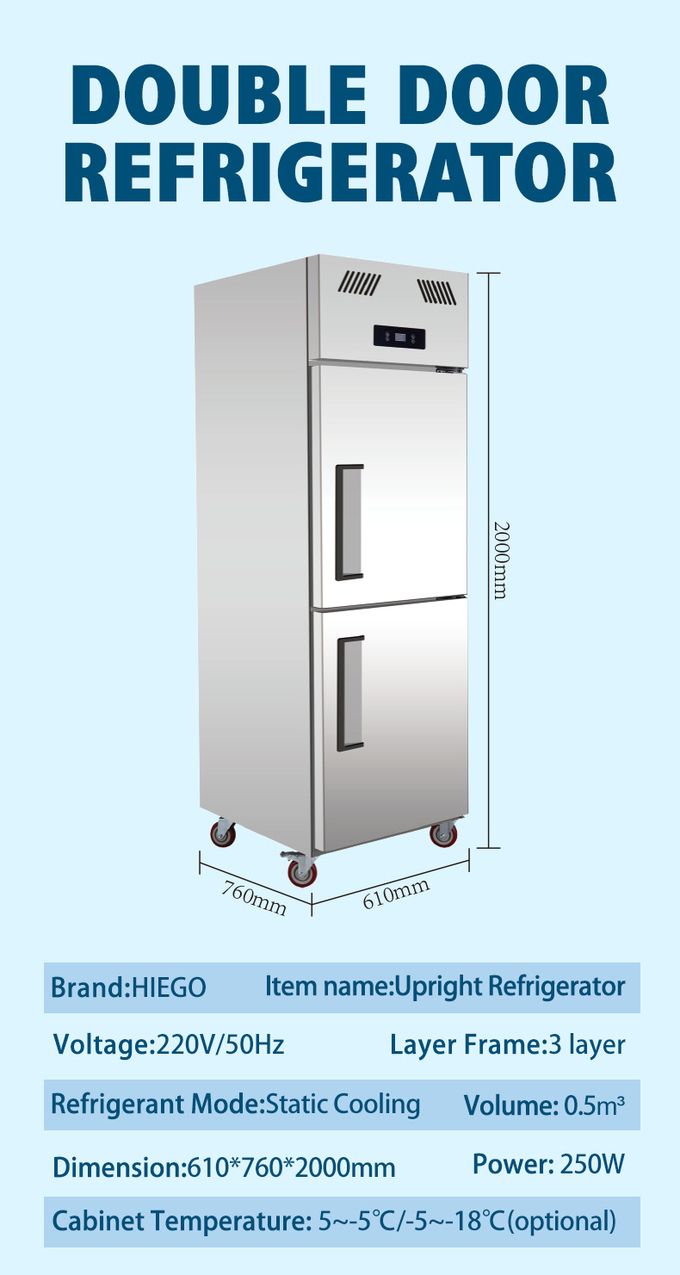 ตู้แช่สแตนเลส 1000L สำหรับเนื้อสัตว์ 4 ประตูพัดลมระบายความร้อนตู้เย็นครัวแนวตั้ง 9