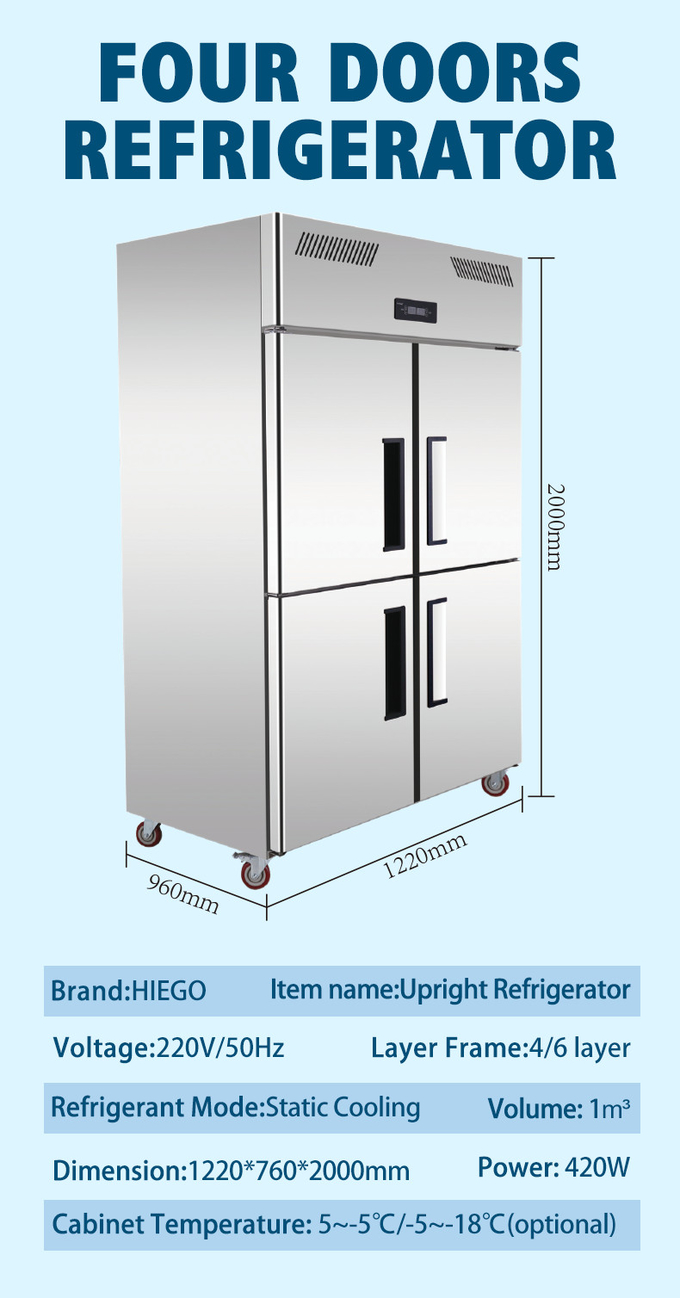 ตู้แช่สแตนเลส 1000L สำหรับเนื้อสัตว์ 4 ประตูพัดลมระบายความร้อนตู้เย็นครัวแนวตั้ง 0