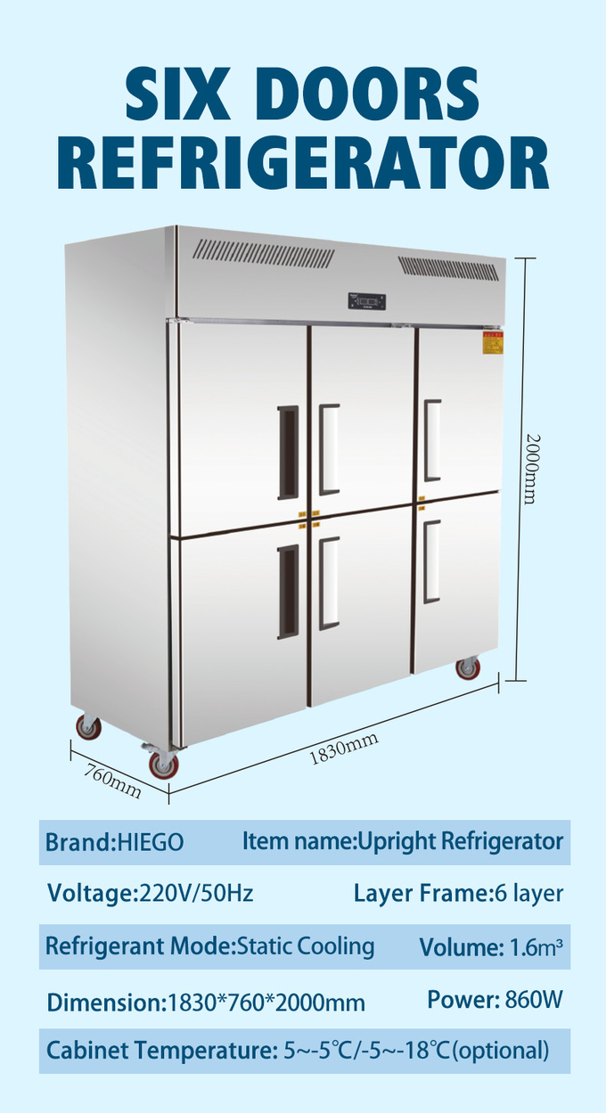 ตู้แช่สแตนเลส 1000L สำหรับเนื้อสัตว์ 4 ประตูพัดลมระบายความร้อนตู้เย็นครัวแนวตั้ง 10